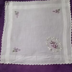 Embroidered White Handkerchief with Purple Floral Design